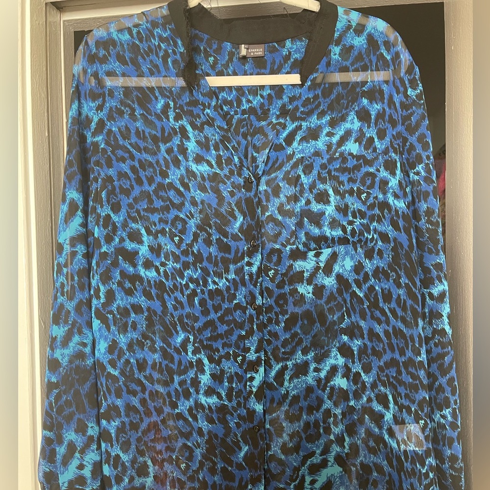 Sparkle & Fade | blue animal print sheer blouse | size L